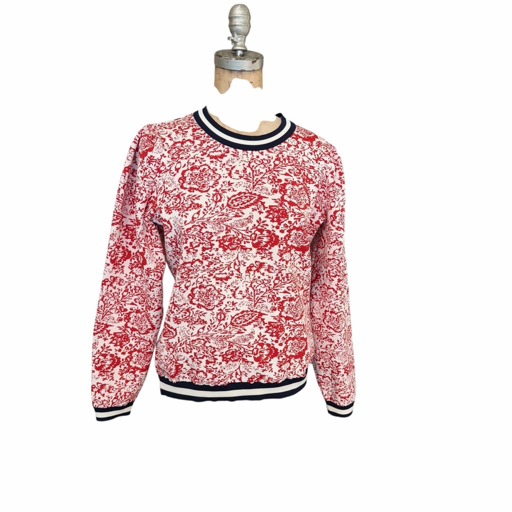Savida Red and Cream Floral Puff Sleeve Knit Sweater Size M New NWOT Preppy